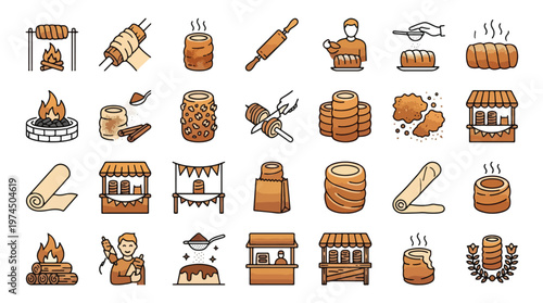 Chimney Cake Icon Set in Filled Outline Style. A collection of Trdelnik linear icons, including fire, dough, sugar, cinnamon, stall, rolling pin, nuts, paper bag, wood, baker