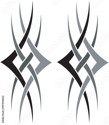 Abstract tribal tattoo design with interwoven curved lines in black and gray tones, creating a dynamic symmetrical pattern, perfect for body art, logo, or decorative elements.