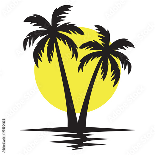Silhouette of two palm trees against a bright yellow sunset with water reflection, tropical beach illustration perfect for summer, vacation, travel, and paradise themes.