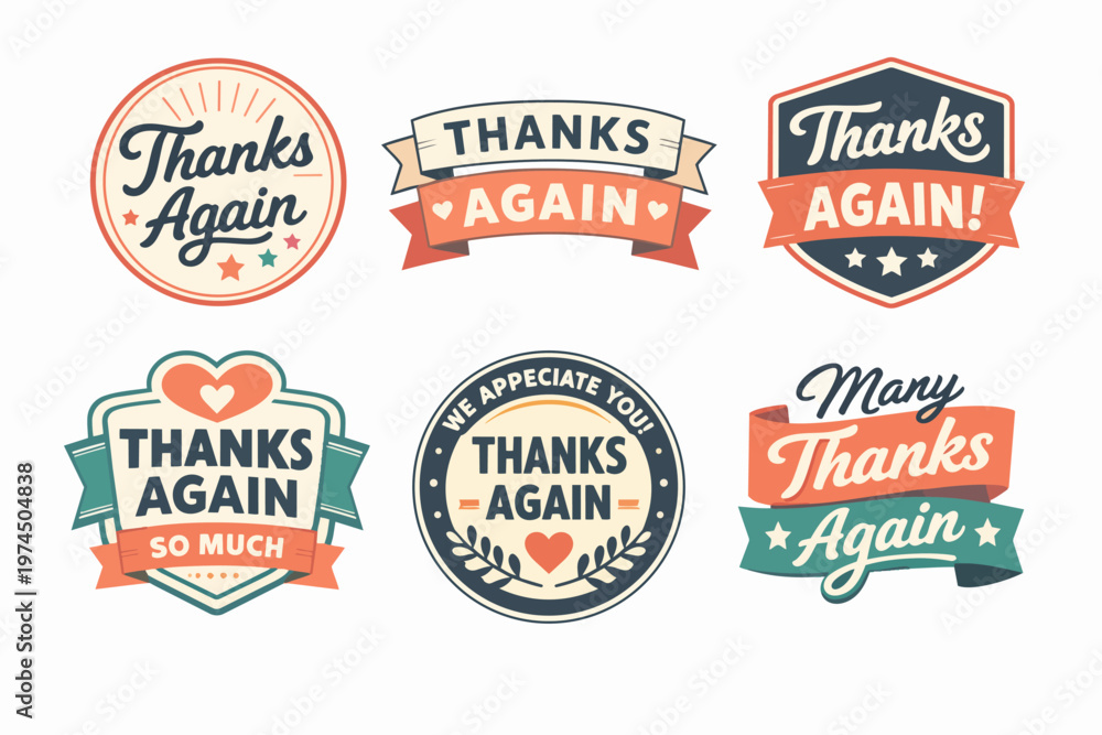Obraz premium Vintage thanks again badges set expressing gratitude, appreciation, and thankfulness with retro design elements
