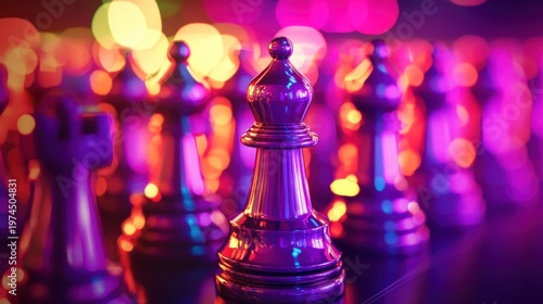 Close-up of a gleaming purple chess bishop standing prominently against a blurred background of vibrant bokeh lights, symbolizing strategic decision-making and leadership.