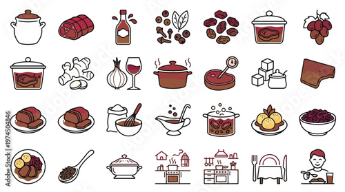 German Sauerbraten Roast Beef Recipe Set in Linear Style. A collection of Meat Cooking Linear Icons, including beef, gravy, raisins, ginger, red cabbage, dumplings, spices, kitchen, and more. Vector.