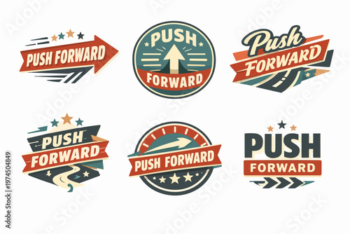 Push forward badges collection expressing motivation, future vision, and progress towards success with retro arrow emblems