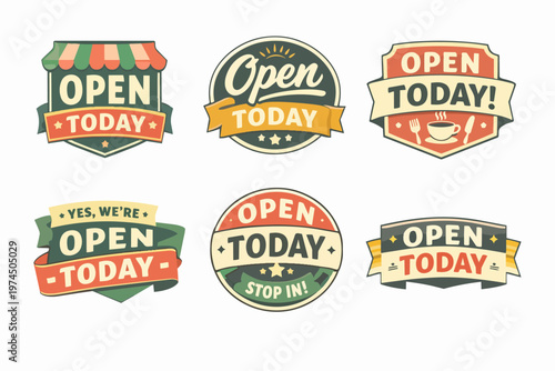 Vintage open today signs collection for business, featuring retro style banners and badges welcoming customers