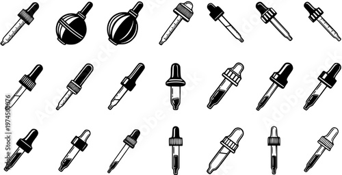 Black and White Line Art Icons of Droppers and Pipettes for Medical and Laboratory Use