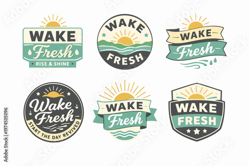 Collection of wake fresh logos and badges featuring sunrises, waves, and typography for a positive, fresh feeling