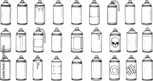Black and White Line Art Spray Paint Cans Collection Vector Illustration