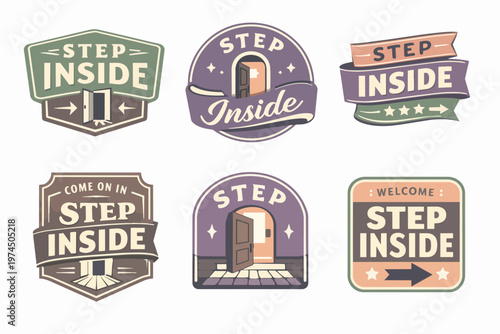 Welcome invitation labels collection, step inside signs, doorway entry badges, open door retro design elements