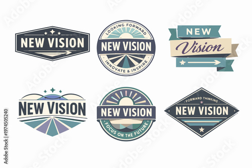 Set of new vision logo designs featuring vintage-retro styling with a focus on future, innovation, and inspiration concepts