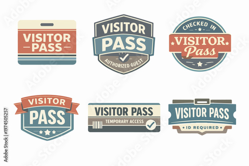 Visitor pass badges and identification tickets for authorized guests displaying temporary access and security control concepts