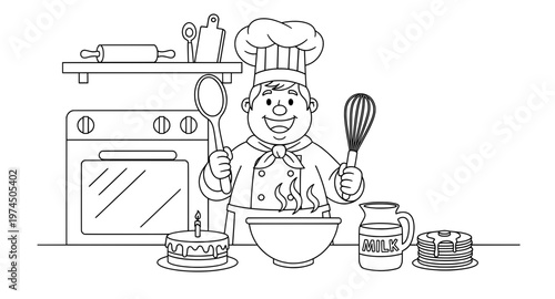 Cartoon chef character in a kitchen, holding a whisk and ladle, with a bowl of steaming food, cake, and milk jug, showcasing culinary creativity and joyful cooking