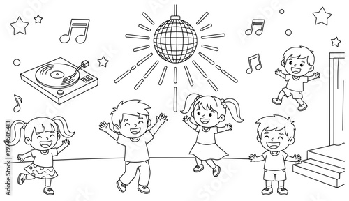 Children dancing joyfully in a festive atmosphere, surrounded by musical notes, a disco ball, and a record player, celebrating with happiness and energy in a playful environment