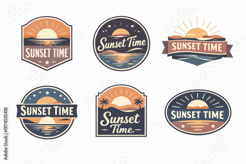 Sunset time vacation badges set with sun, ocean, beach, and palm trees, depicting summer travel and tropical holidays