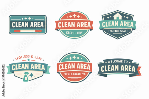 Clean area labels and badges collection promoting hygiene, organization, and safety in various spaces