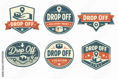 Drop off delivery point location service labels, badges and emblems isolated, symbolizing package drop-off facility and logistics