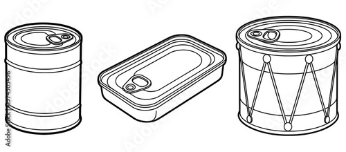 Three distinct can designs, including a cylindrical can, a rectangular tin, and a drum-shaped container, showcasing various shapes and styles for packaging solutions