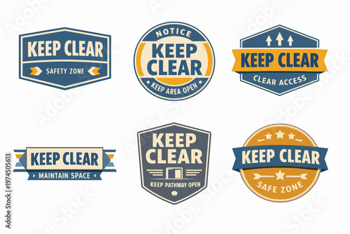 Keep clear labels collection representing safety zone, clear access, open area, maintain space, and clear pathway concepts