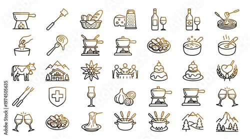 Fondue and Swiss Cuisine Icon Set in Golden Linear Style. A collection of Alpine food linear icons, including cheese, caquelon, burner, bread, cow, chalet, edelweiss, mountain, garlic