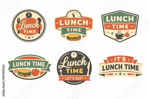 Lunch time badges collection displaying retro food labels, vintage signs, and cafeteria diner menu emblems