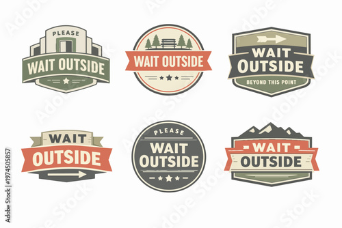 Wait outside concept badges illustrating social distancing and outdoor waiting for safety and order