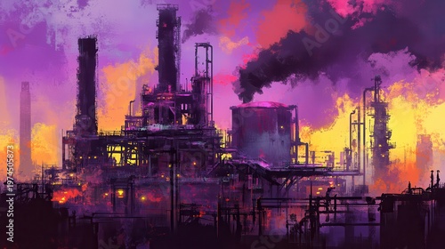 Industrial Factory Emitting Smoke Against a Dramatic Purple and Orange Sky