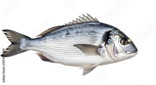 Fresh sea bream fish on white background, whole raw gilthead bream with silver scales, uncooked mediterranean seafood for culinary cooking