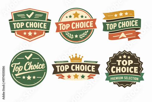 Top choice badge collection displaying quality, premium selection, and best product recommendation labels in retro style