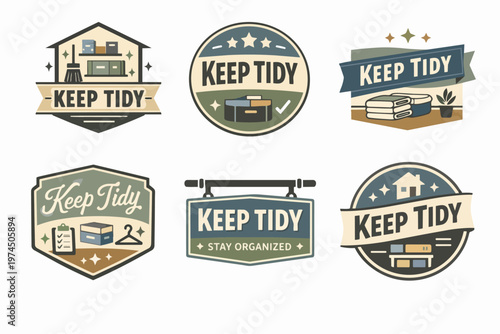 Keep tidy badges set, staying organized with housekeeping, home cleaning, and decluttering logos