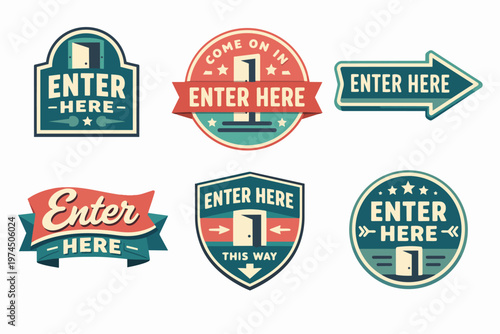 Enter here signs collection with retro style, pointing to an open door, concept of entrance and welcome