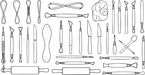 Ceramics Pottery Sculpting Tools Black and White Line Art Vector Set. Hand-drawn Clay Modeling Knives, Loop Tools, and Rolling Pin Collection.