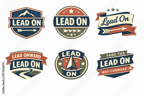 Vintage lead on badges and emblems representing leadership, motivation, and progress in a classic retro style