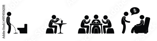 Collection of black silhouette vector icons depicting various restaurant service staff of waiters and restaurant staff performing various table service tasks. vector Illustration.
