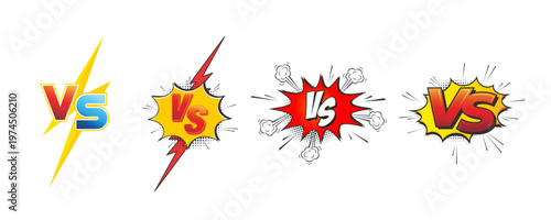 Comic style VS badge collection with explosive pop art bursts, bold showdown lettering, and dynamic battle graphics in vector set format