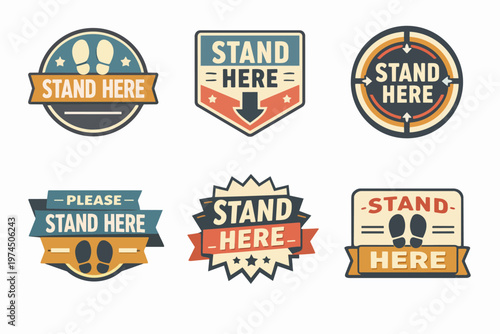 Stand here floor sign badges set for social distancing and queue management in public spaces