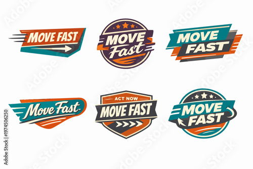 Move fast badges set, featuring vintage fonts and graphic elements conveying urgency, momentum, and rapid execution