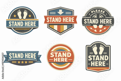 Stand here position markers collection. Retro floor decals communicating social distancing and waiting instructions