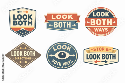 Vintage look both ways labels set promoting road safety and crosswalk caution with retro design badges and arrows