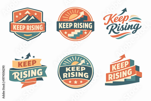 Keep rising motivation concept badges with upward arrows and mountains showing progress, success, and ambition