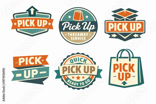 Various vintage style badges and logos for quick service, drive-thru, local pickup, and takeaway services