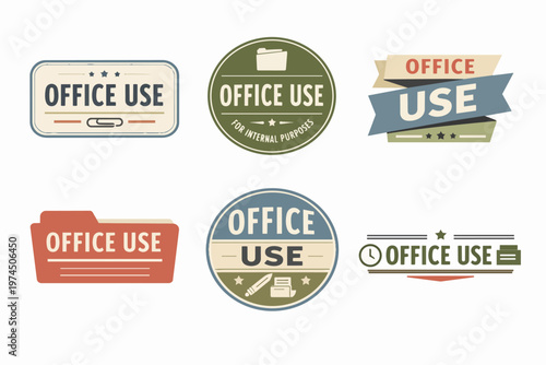 Office use labels and stickers collection with paperclip, folder, and clock icons for internal administration purposes