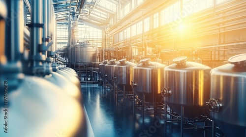 Modern Industrial Processing Facility Featuring Rows of Large Stainless Steel Tanks Illuminated by Sunlight