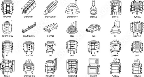 Various Industrial Kilns and Pottery Oven Types Black and White Line Art Illustrations. Collection of Ceramic Manufacturing and Craft Firing Machines