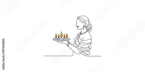 Continuous line drawing of Woman holding a tray of lit diyas in a traditional Indian attire diwali diya candle