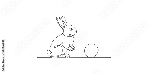 Continuous line drawing of a rabbit sitting next to a ball one animal easter bunny