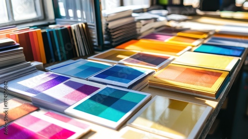 Neatly Organized Vibrant Color Swatches and Print Materials for Appealing Visual Design Selection