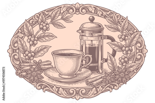 Vector engraving illustration of a coffee cup, French press, coffee branches with beans, cinnamon and anise inside an ornate oval frame. Vintage art.