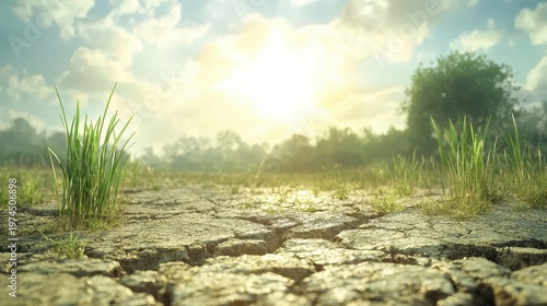 Parched cracked earth in a sun-drenched rural landscape, highlighting severe drought and water scarcity.