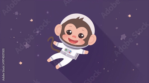 A cute cartoon monkey in a white astronaut suit floating in space