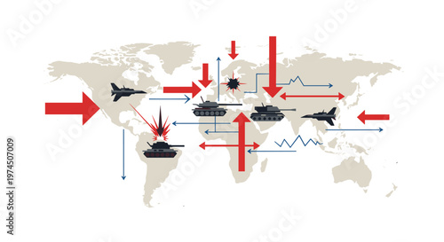 Global conflict schematic displaying military jet aircraft, armored tanks, and directional arrows indicating strategic movements and potential combat zones across continents,