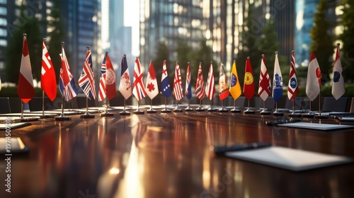 Row of International Flags on a Table in a Formal Meeting Setting Representing Global Diplomacy and Trade Discussions